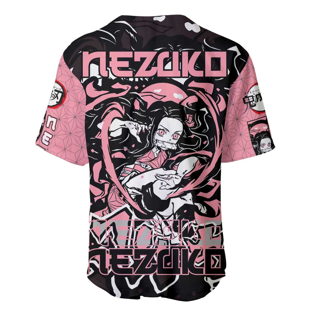 Nezuko Demon Slayer Baseball Jersey with Pink and Black Manga Style Design - The Mazicc
