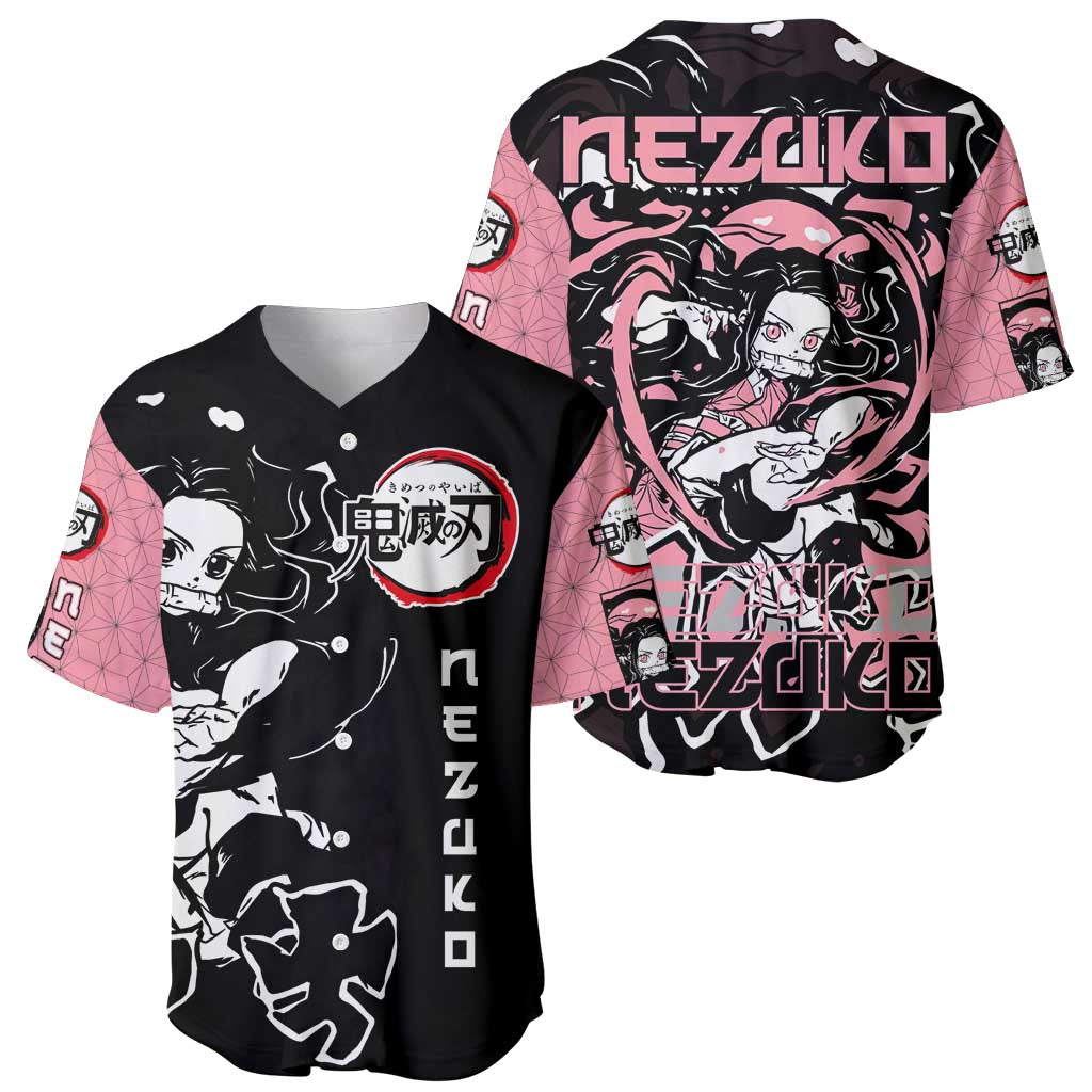 Nezuko Demon Slayer Baseball Jersey with Pink and Black Manga Style Design - The Mazicc