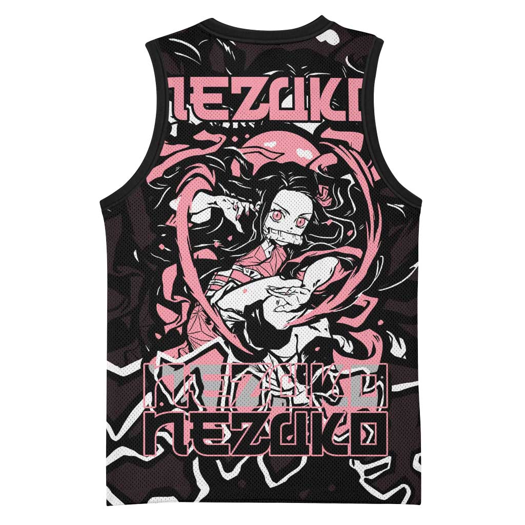 Nezuko Demon Slayer Basketball Jersey with Pink and Black Manga Style Design - The Mazicc