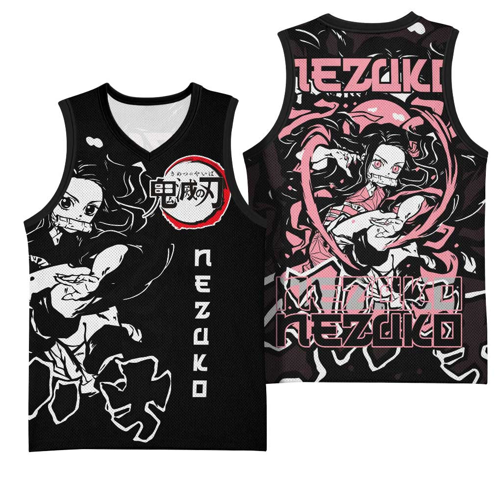 Nezuko Demon Slayer Basketball Jersey with Pink and Black Manga Style Design - The Mazicc