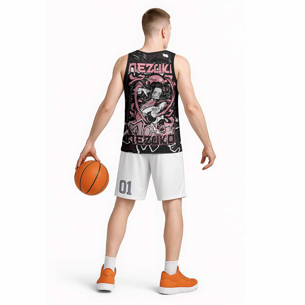 Nezuko Demon Slayer Basketball Jersey with Pink and Black Manga Style Design - The Mazicc