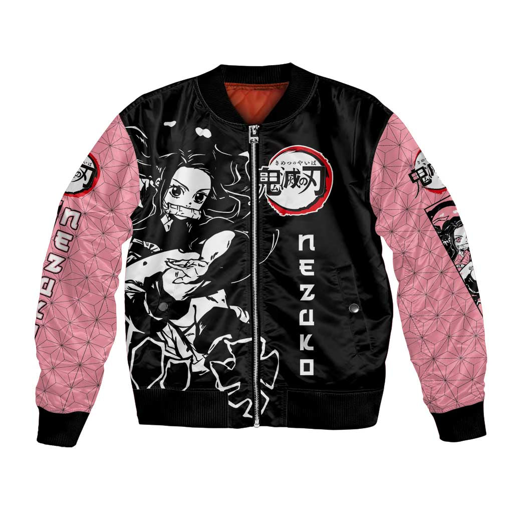 Nezuko Demon Slayer Bomber Jacket with Pink and Black Manga Style Design - The Mazicc