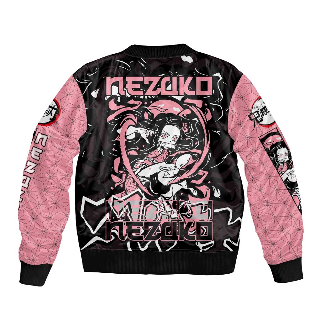Nezuko Demon Slayer Bomber Jacket with Pink and Black Manga Style Design - The Mazicc