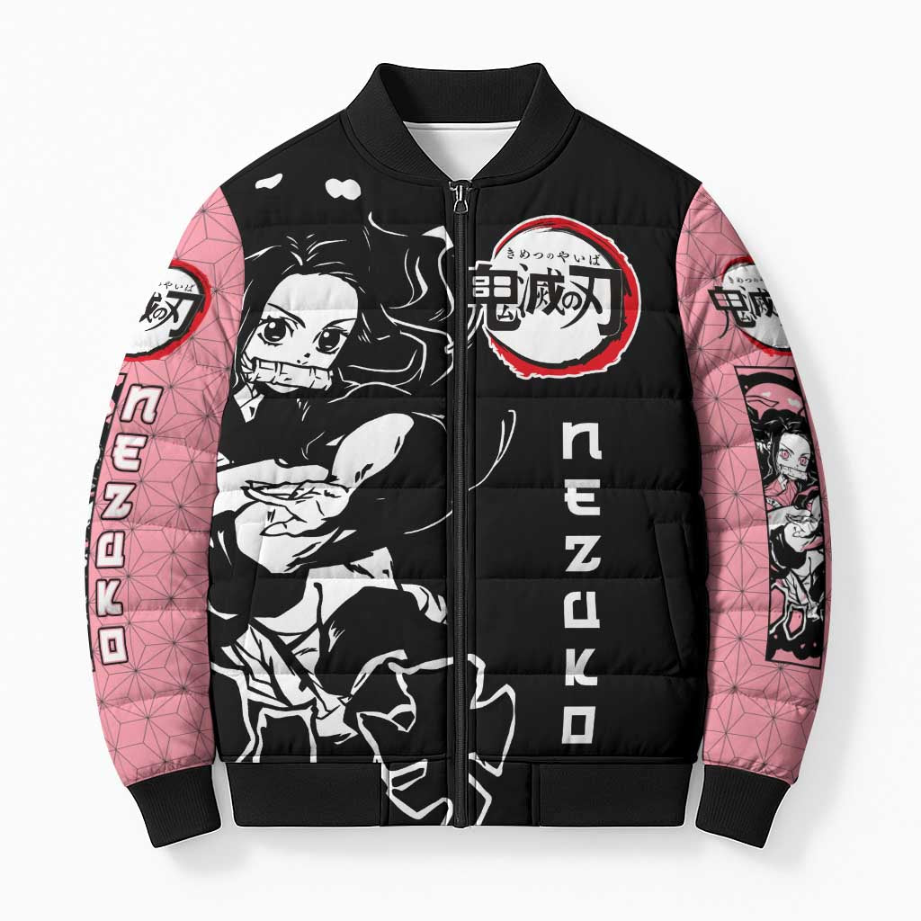 Nezuko Demon Slayer Bomber Puffer Jacket with Pink and Black Manga Style Design - The Mazicc