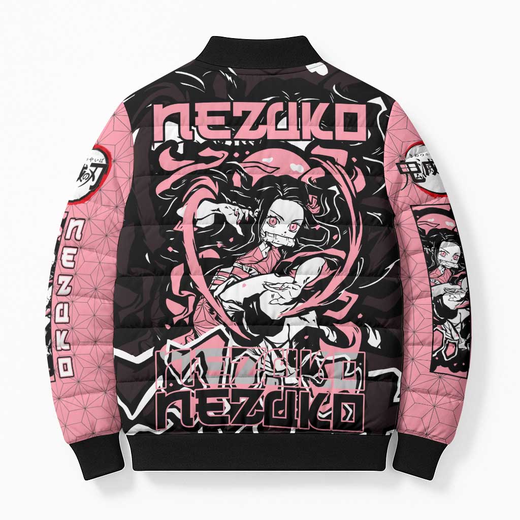 Nezuko Demon Slayer Bomber Puffer Jacket with Pink and Black Manga Style Design - The Mazicc