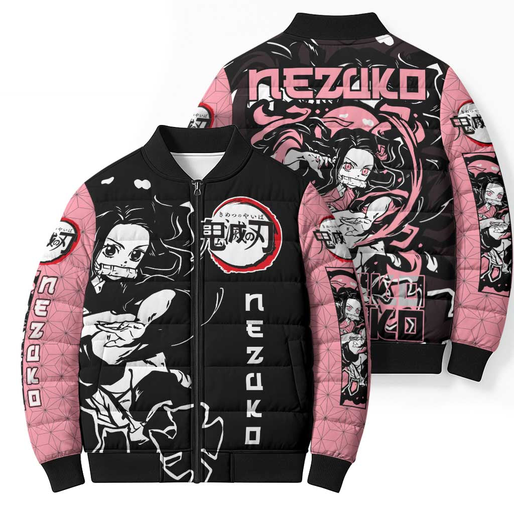 Nezuko Demon Slayer Bomber Puffer Jacket with Pink and Black Manga Style Design - The Mazicc
