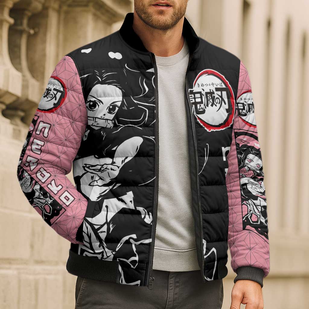 Nezuko Demon Slayer Bomber Puffer Jacket with Pink and Black Manga Style Design - The Mazicc