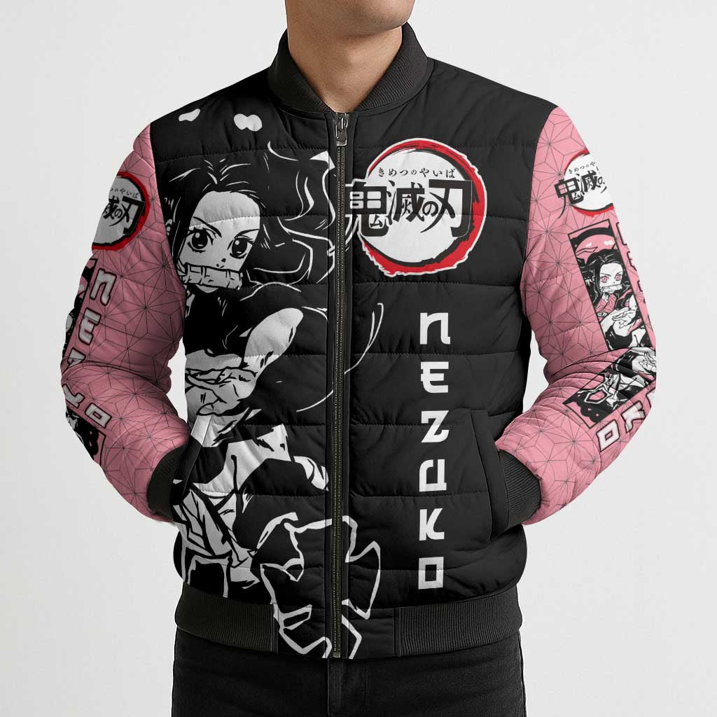 Nezuko Demon Slayer Bomber Puffer Jacket with Pink and Black Manga Style Design - The Mazicc