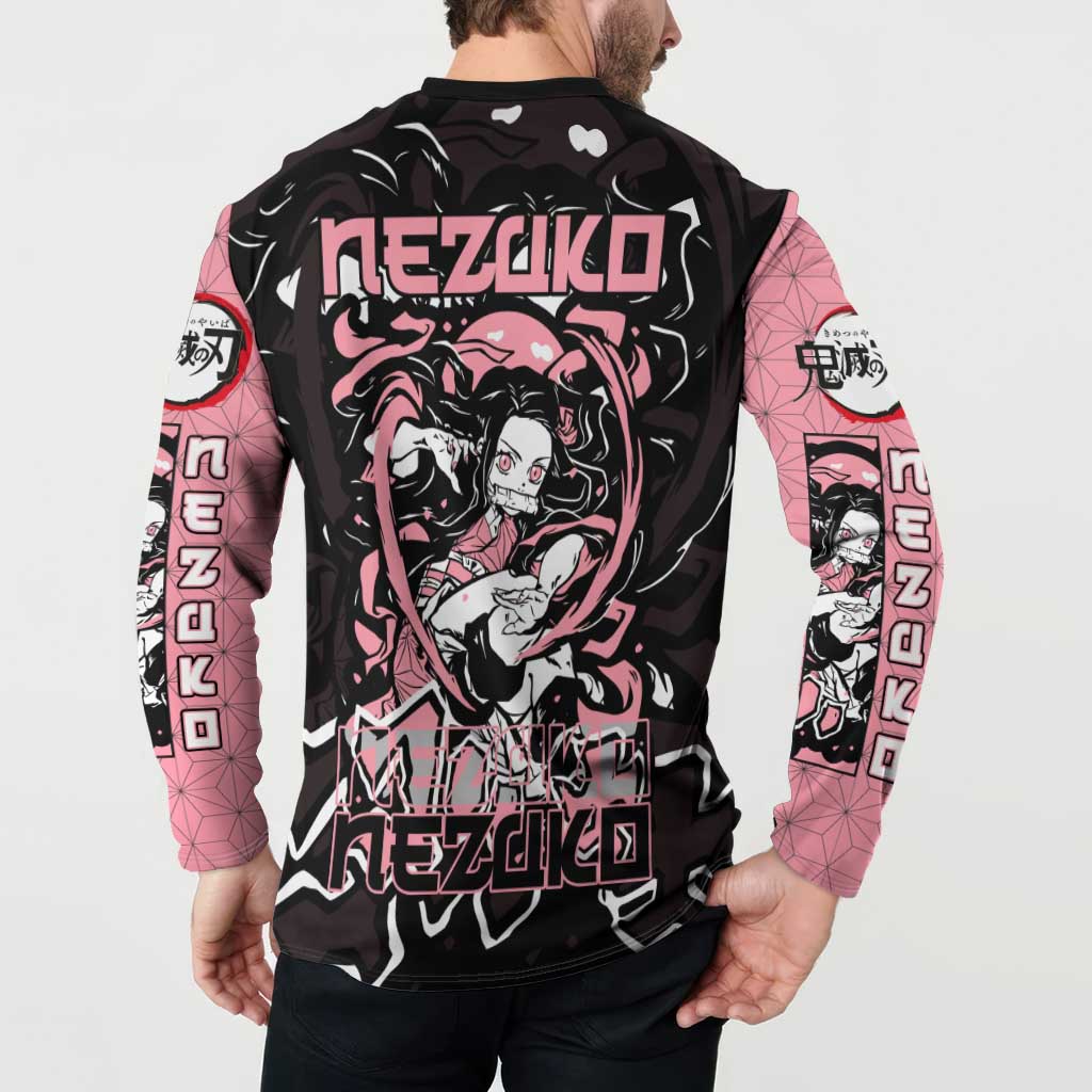 Nezuko Demon Slayer Button Sweatshirt with Pink and Black Manga Style Design - The Mazicc