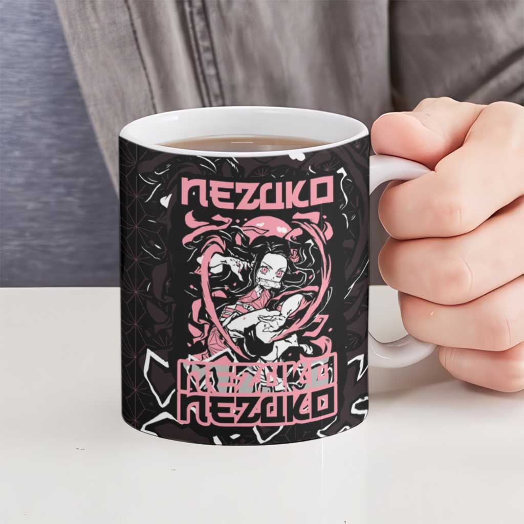 Nezuko Demon Slayer Ceramic Mug with Pink and Black Manga Style Design - The Mazicc