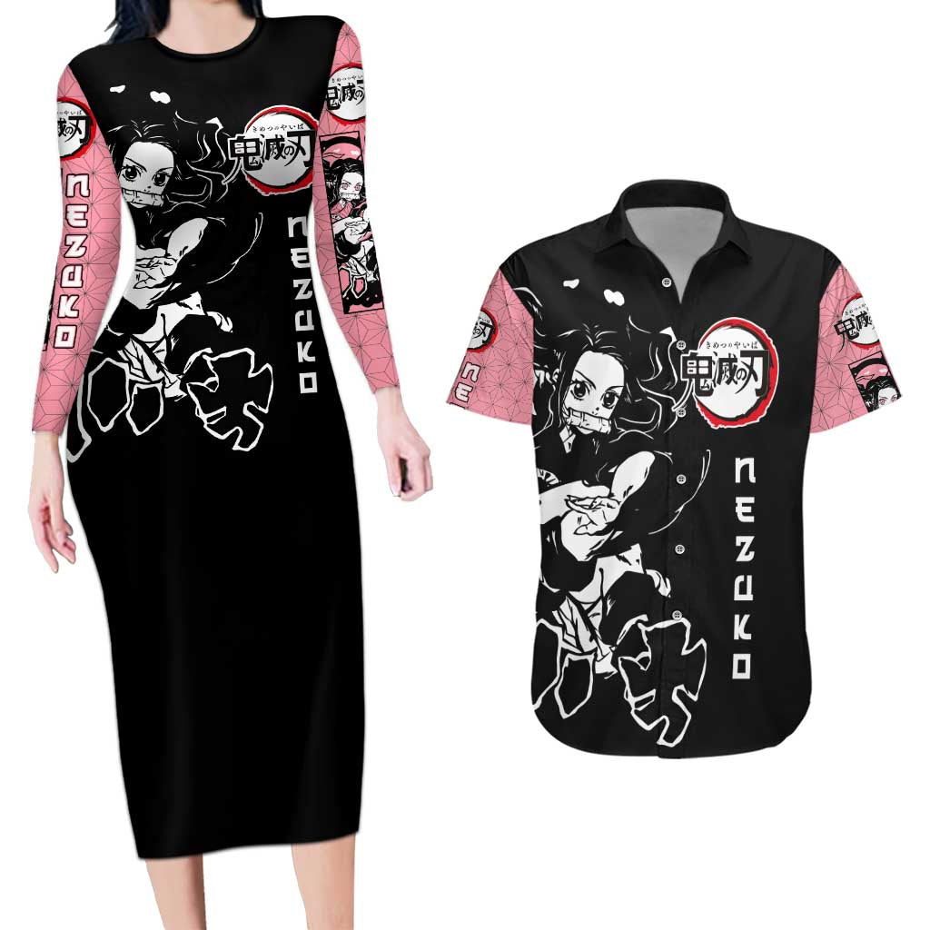 Nezuko Demon Slayer Couples Matching Long Sleeve Bodycon Dress and Hawaiian Shirt with Pink and Black Manga Style Design - The Mazicc