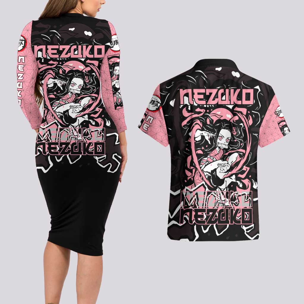 Nezuko Demon Slayer Couples Matching Long Sleeve Bodycon Dress and Hawaiian Shirt with Pink and Black Manga Style Design - The Mazicc