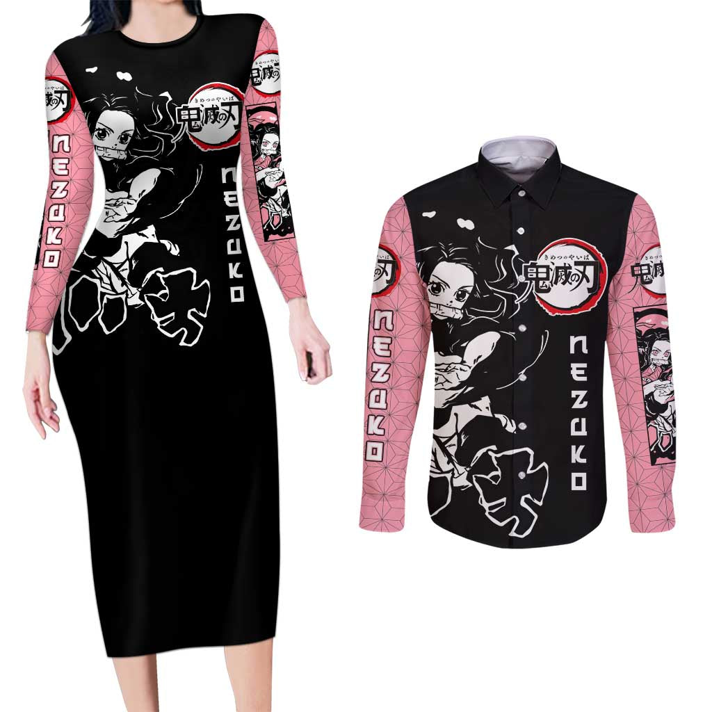 Nezuko Demon Slayer Couples Matching Long Sleeve Bodycon Dress and Long Sleeve Button Shirt with Pink and Black Manga Style Design - The Mazicc