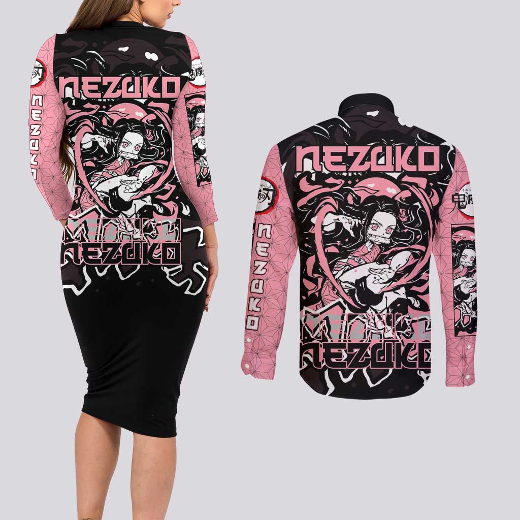 Nezuko Demon Slayer Couples Matching Long Sleeve Bodycon Dress and Long Sleeve Button Shirt with Pink and Black Manga Style Design - The Mazicc