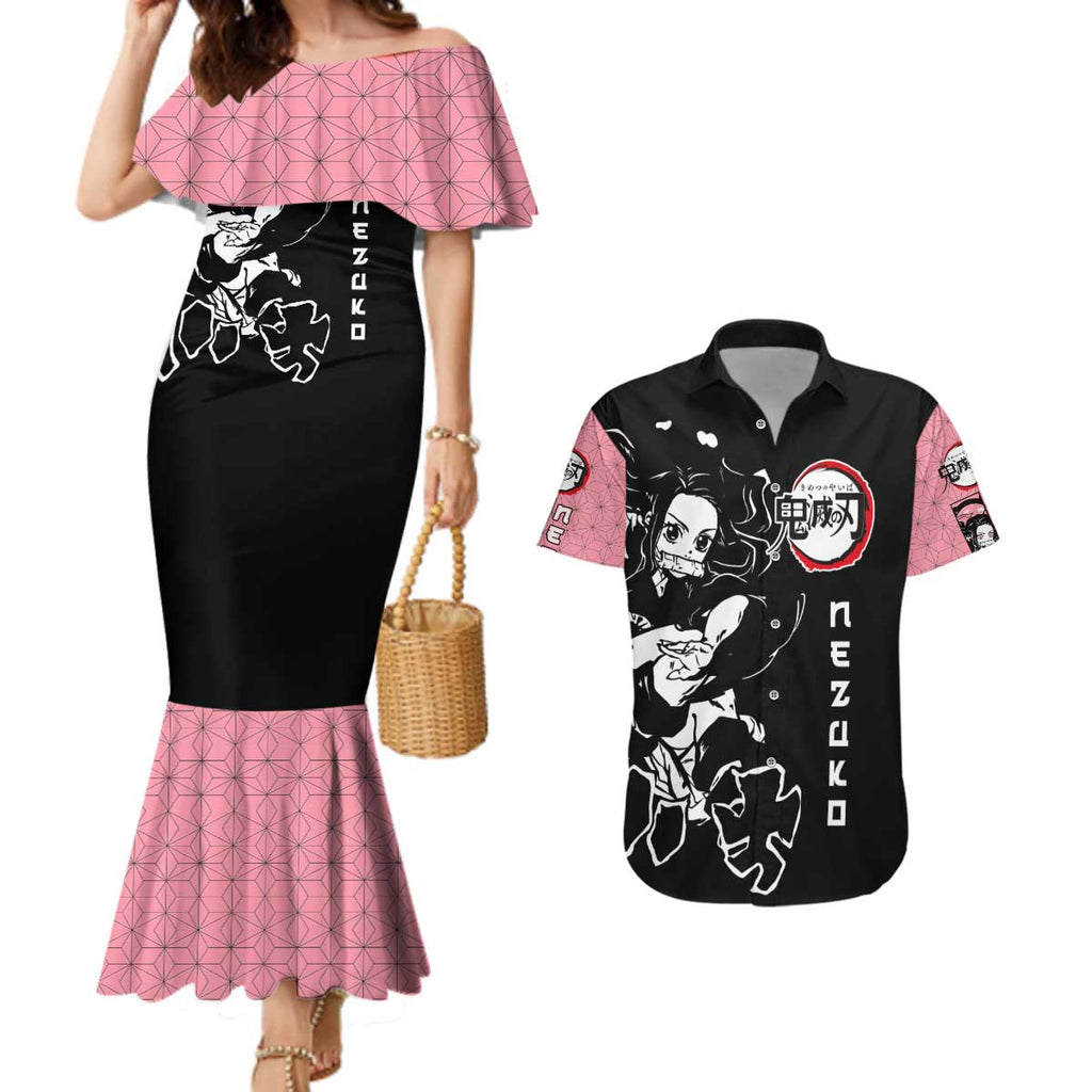 Nezuko Demon Slayer Couples Matching Mermaid Dress and Hawaiian Shirt with Pink and Black Manga Style Design - The Mazicc