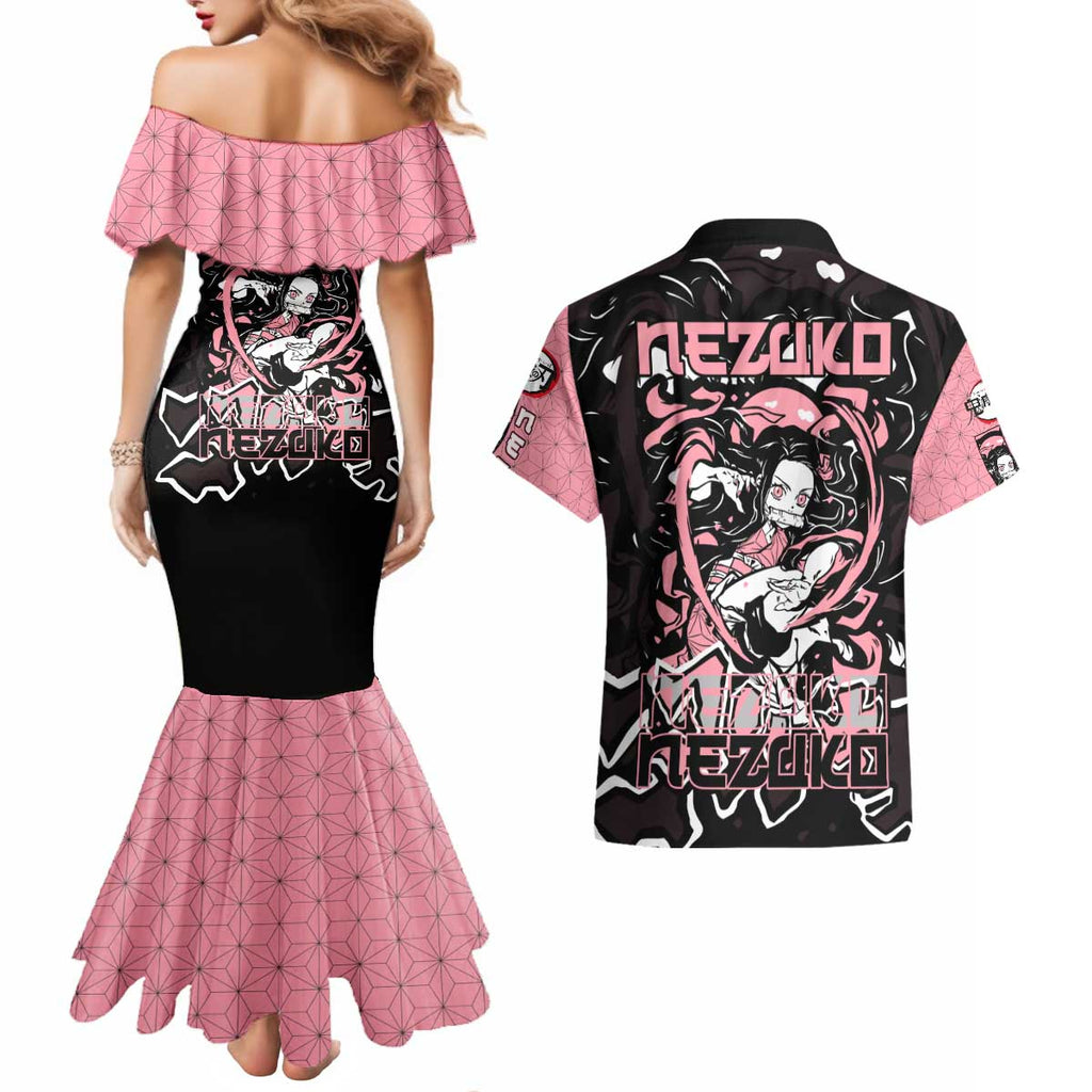 Nezuko Demon Slayer Couples Matching Mermaid Dress and Hawaiian Shirt with Pink and Black Manga Style Design - The Mazicc
