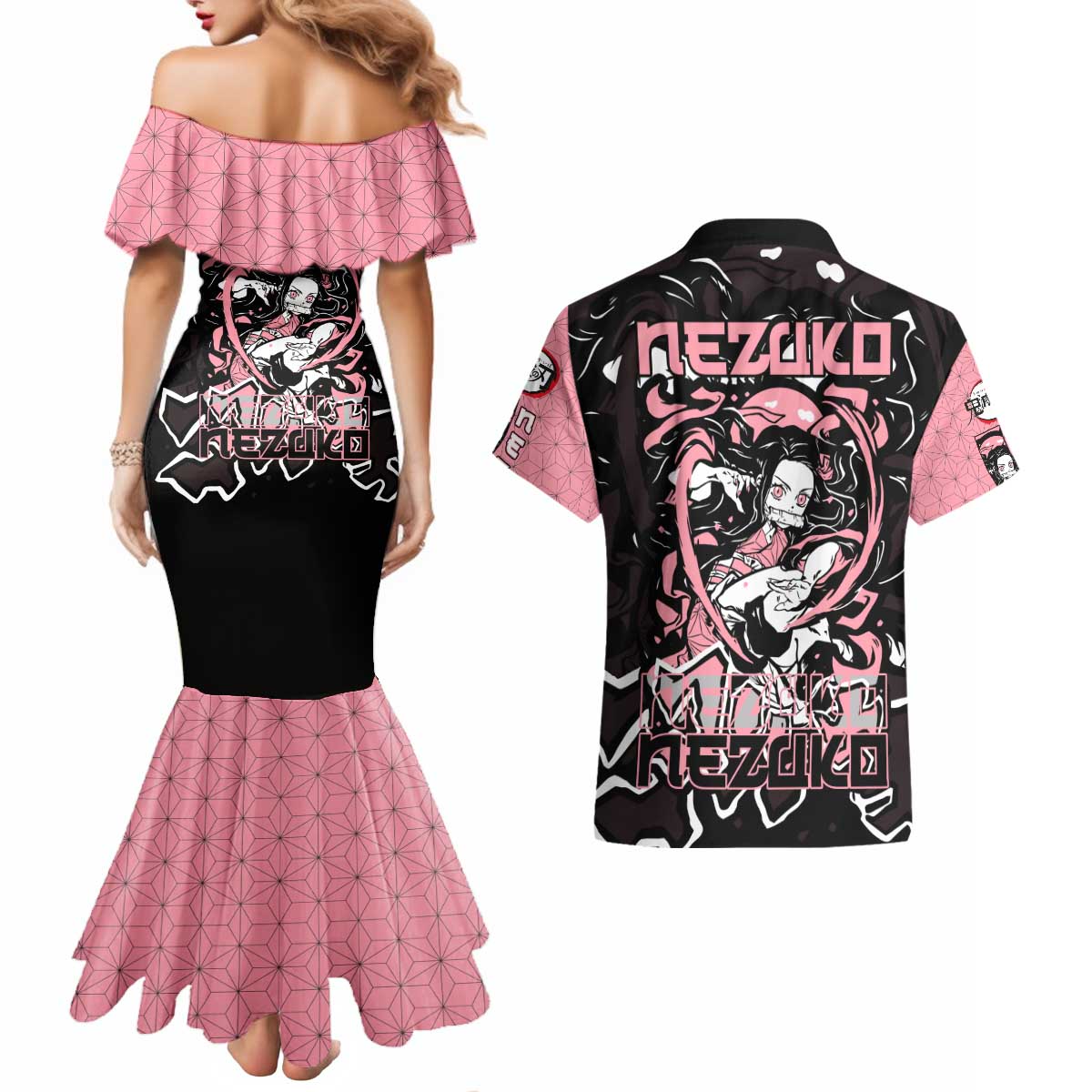 Nezuko Demon Slayer Couples Matching Mermaid Dress and Hawaiian Shirt with Pink and Black Manga Style Design - The Mazicc