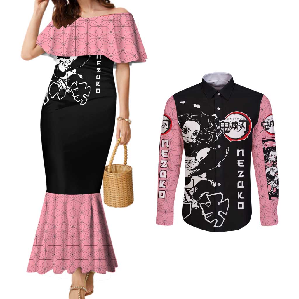 Nezuko Demon Slayer Couples Matching Mermaid Dress and Long Sleeve Button Shirt with Pink and Black Manga Style Design - The Mazicc
