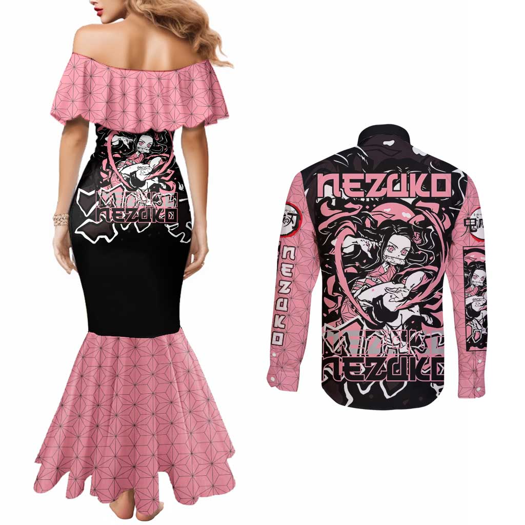 Nezuko Demon Slayer Couples Matching Mermaid Dress and Long Sleeve Button Shirt with Pink and Black Manga Style Design - The Mazicc
