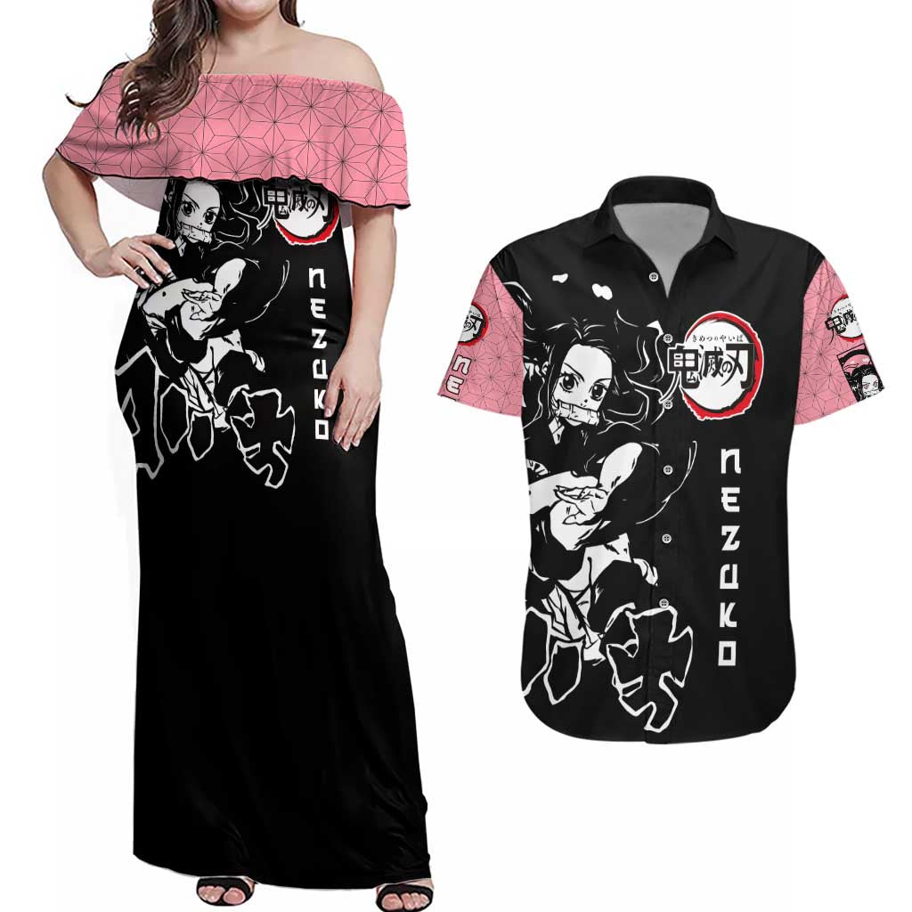 Nezuko Demon Slayer Couples Matching Off Shoulder Maxi Dress and Hawaiian Shirt with Pink and Black Manga Style Design - The Mazicc