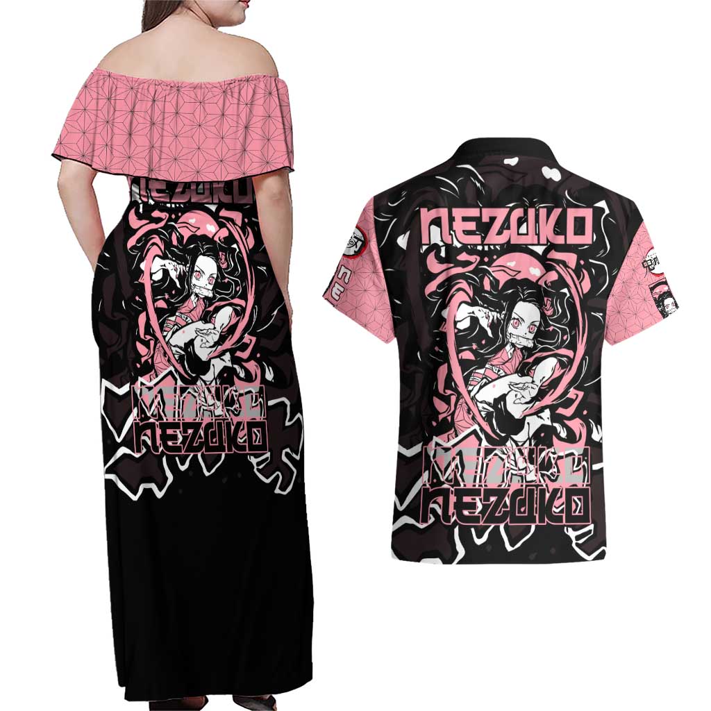 Nezuko Demon Slayer Couples Matching Off Shoulder Maxi Dress and Hawaiian Shirt with Pink and Black Manga Style Design - The Mazicc