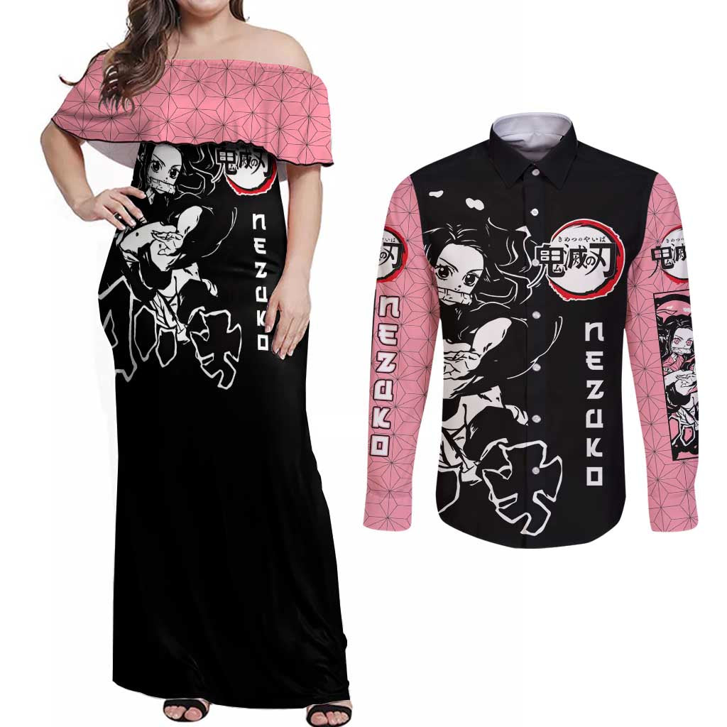 Nezuko Demon Slayer Couples Matching Off Shoulder Maxi Dress and Long Sleeve Button Shirt with Pink and Black Manga Style Design - The Mazicc