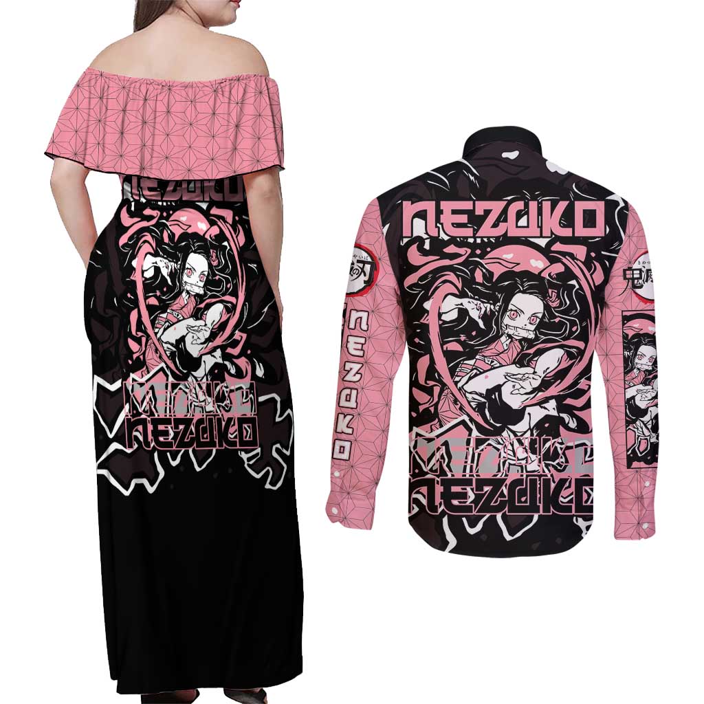 Nezuko Demon Slayer Couples Matching Off Shoulder Maxi Dress and Long Sleeve Button Shirt with Pink and Black Manga Style Design - The Mazicc