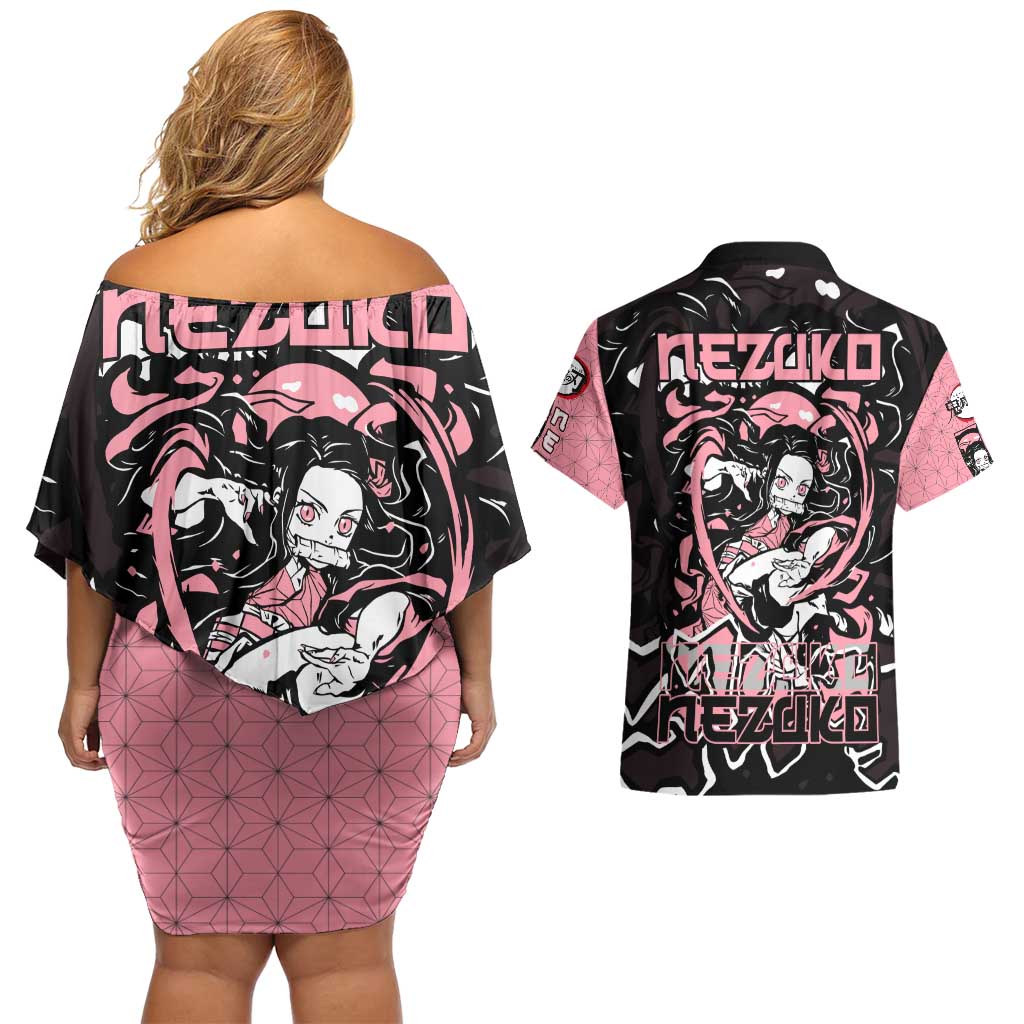 Nezuko Demon Slayer Couples Matching Off Shoulder Short Dress and Hawaiian Shirt with Pink and Black Manga Style Design - The Mazicc