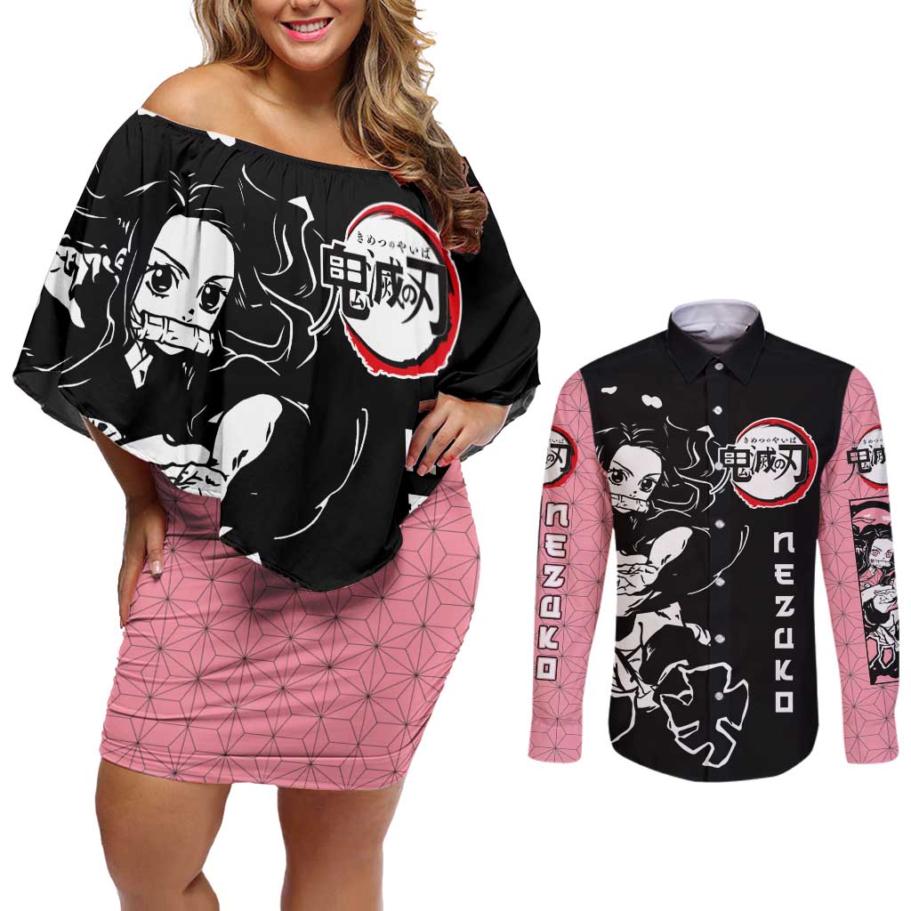 Nezuko Demon Slayer Couples Matching Off Shoulder Short Dress and Long Sleeve Button Shirt with Pink and Black Manga Style Design - The Mazicc