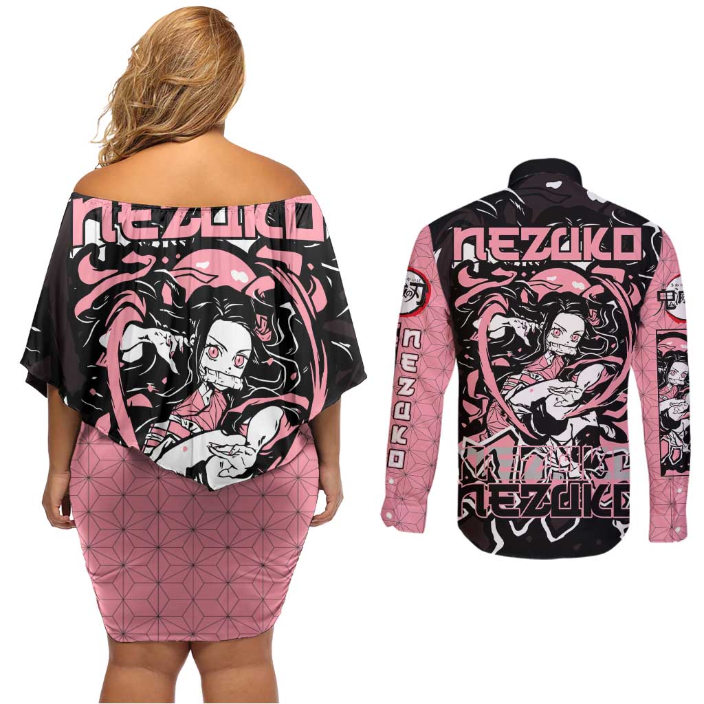 Nezuko Demon Slayer Couples Matching Off Shoulder Short Dress and Long Sleeve Button Shirt with Pink and Black Manga Style Design - The Mazicc