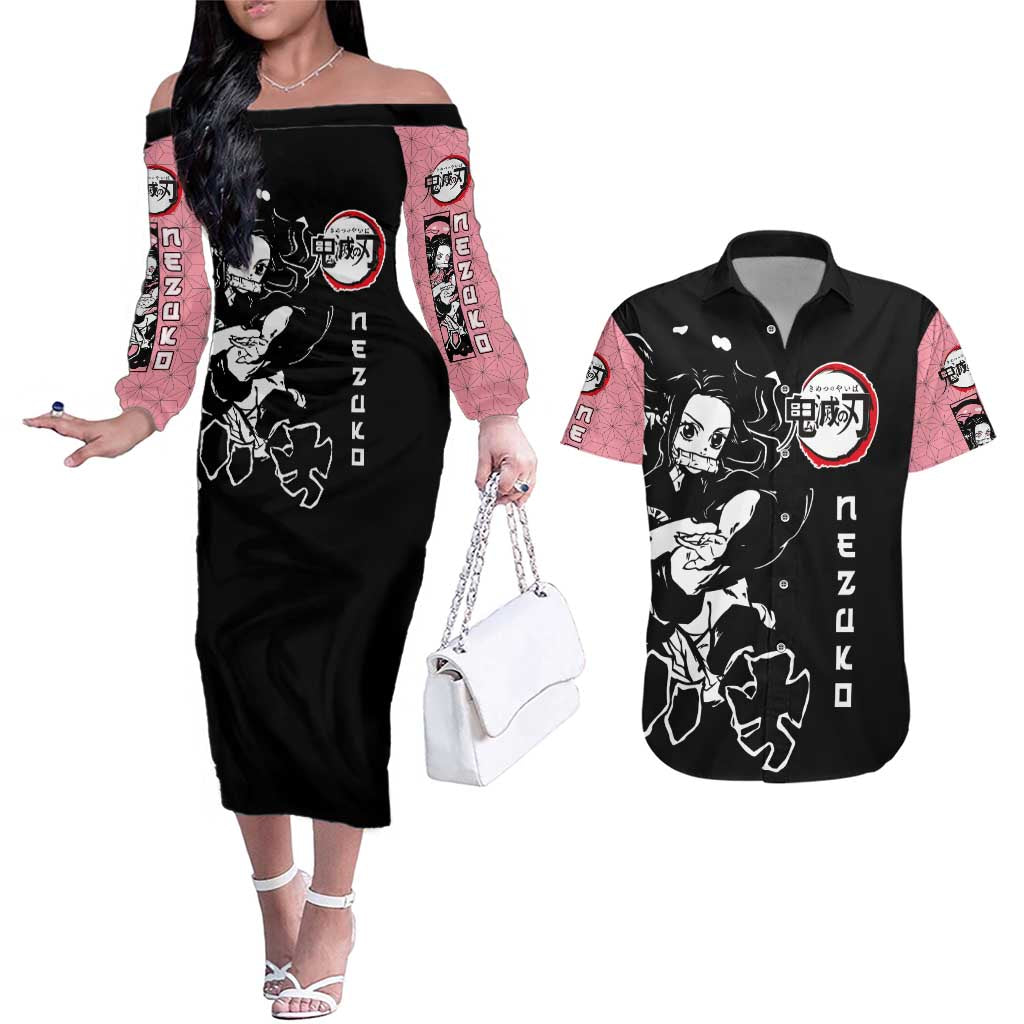 Nezuko Demon Slayer Couples Matching Off The Shoulder Long Sleeve Dress and Hawaiian Shirt with Pink and Black Manga Style Design - The Mazicc