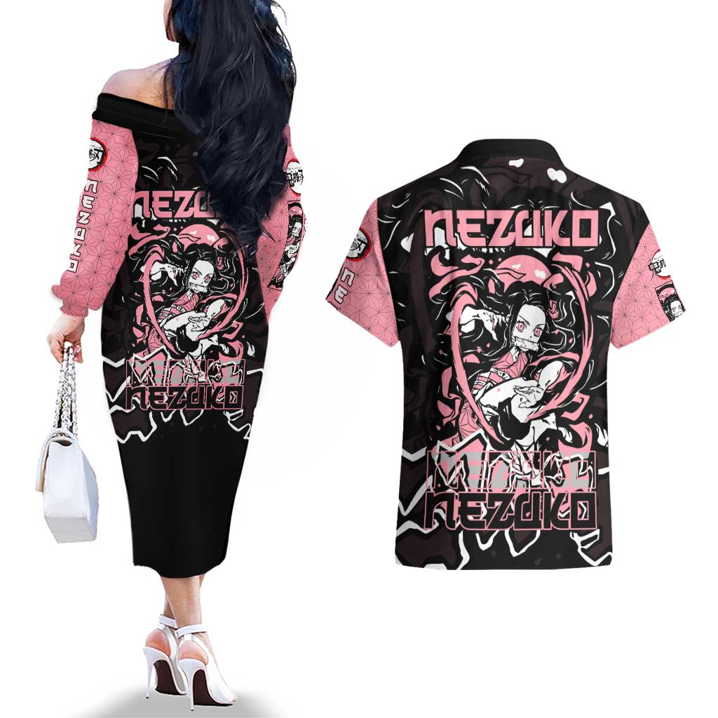 Nezuko Demon Slayer Couples Matching Off The Shoulder Long Sleeve Dress and Hawaiian Shirt with Pink and Black Manga Style Design - The Mazicc