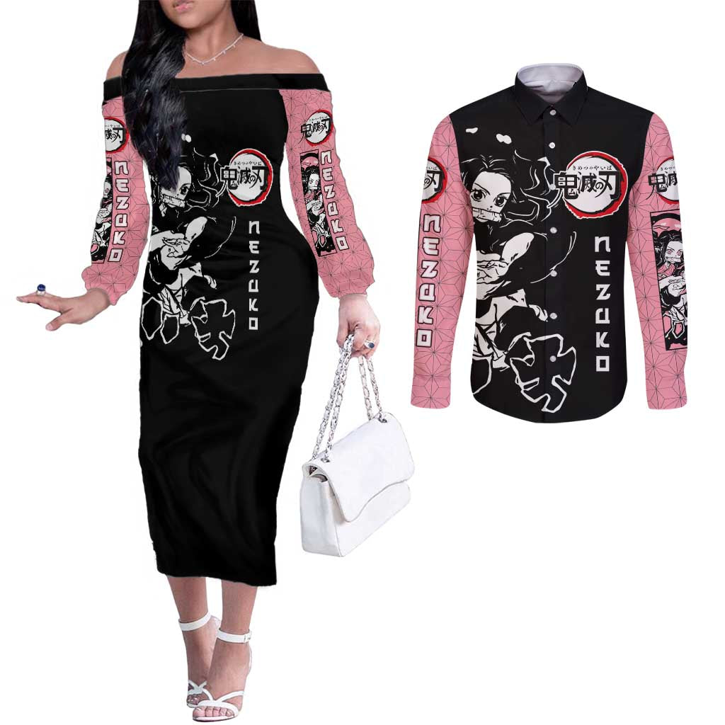 Nezuko Demon Slayer Couples Matching Off The Shoulder Long Sleeve Dress and Long Sleeve Button Shirt with Pink and Black Manga Style Design - The Mazicc