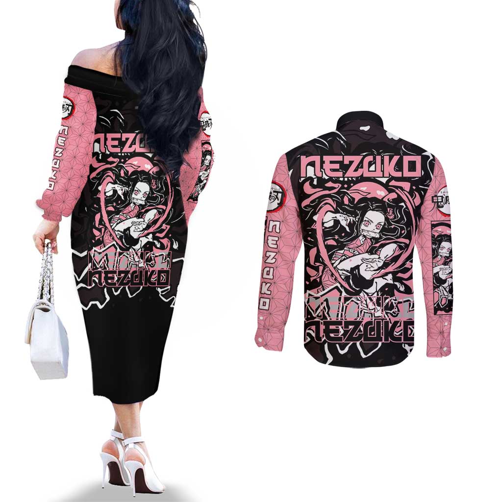 Nezuko Demon Slayer Couples Matching Off The Shoulder Long Sleeve Dress and Long Sleeve Button Shirt with Pink and Black Manga Style Design - The Mazicc