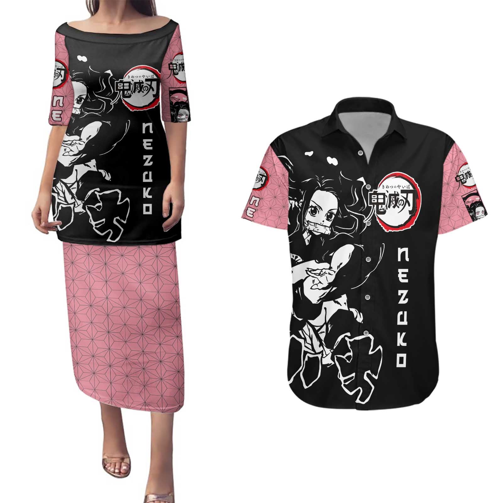 Nezuko Demon Slayer Couples Matching Puletasi and Hawaiian Shirt with Pink and Black Manga Style Design - The Mazicc