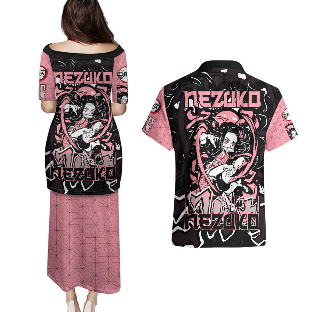 Nezuko Demon Slayer Couples Matching Puletasi and Hawaiian Shirt with Pink and Black Manga Style Design - The Mazicc