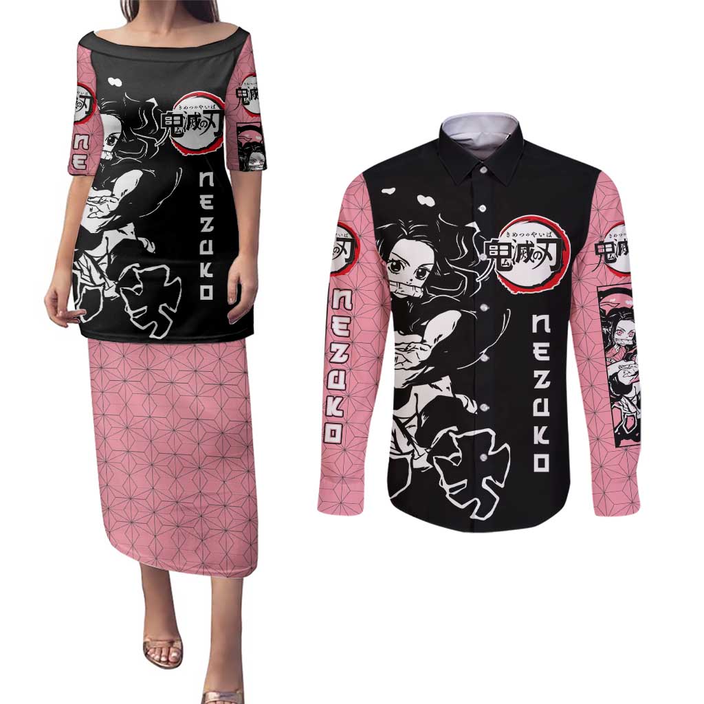 Nezuko Demon Slayer Couples Matching Puletasi and Long Sleeve Button Shirt with Pink and Black Manga Style Design - The Mazicc