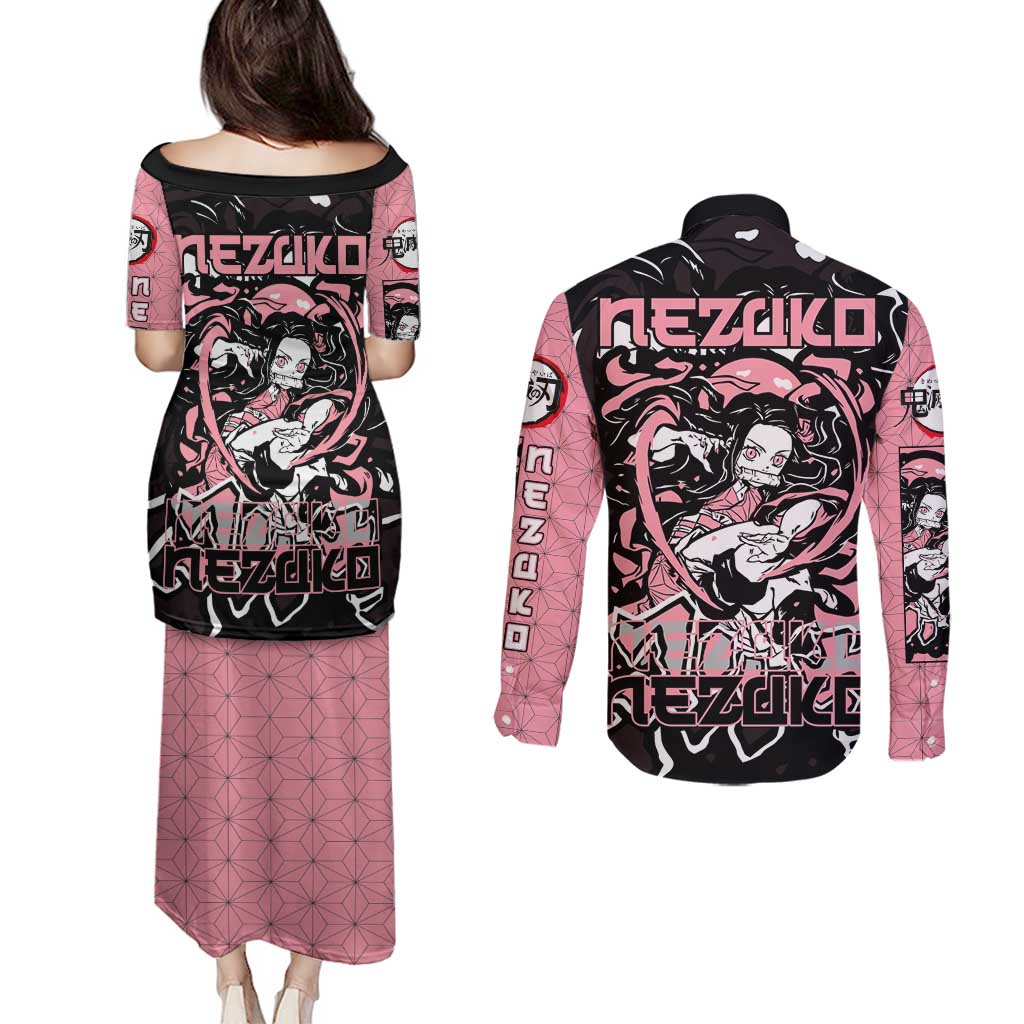 Nezuko Demon Slayer Couples Matching Puletasi and Long Sleeve Button Shirt with Pink and Black Manga Style Design - The Mazicc