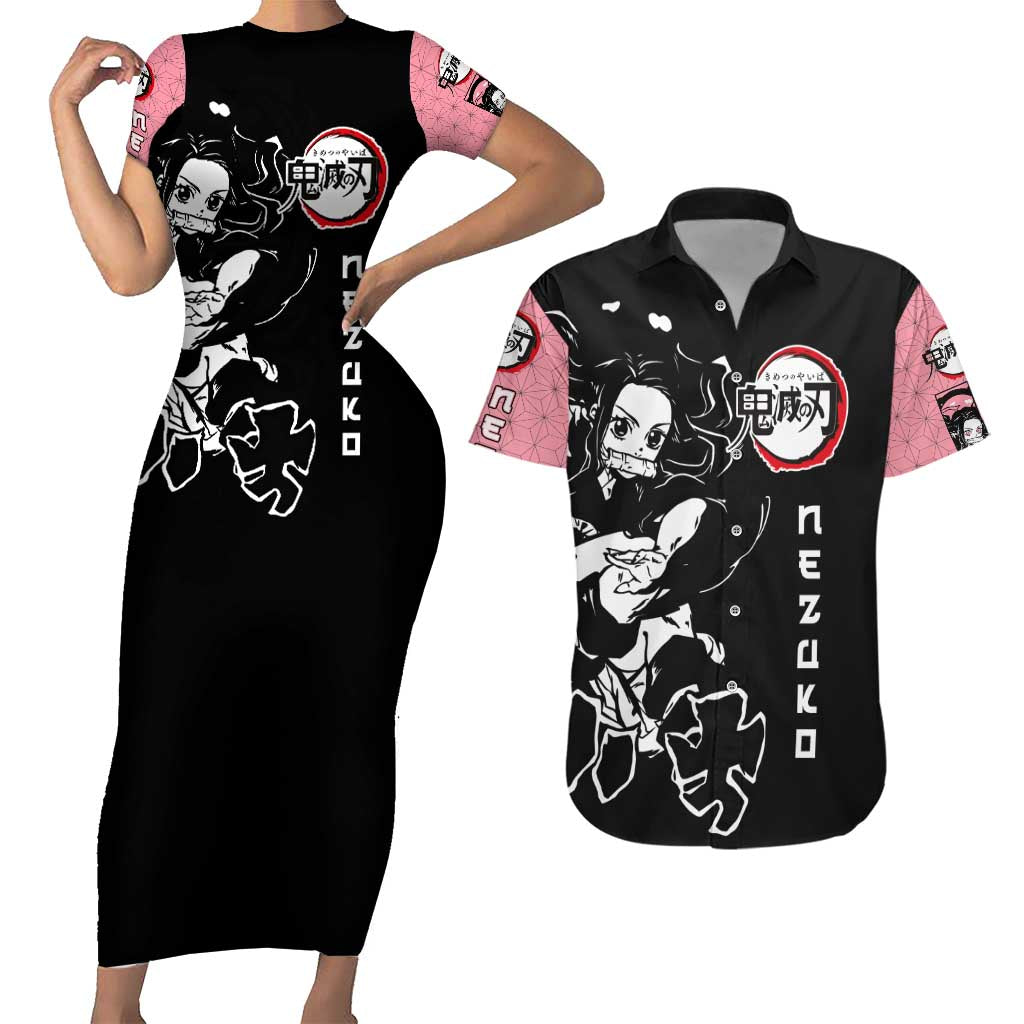 Nezuko Demon Slayer Couples Matching Short Sleeve Bodycon Dress and Hawaiian Shirt with Pink and Black Manga Style Design - The Mazicc