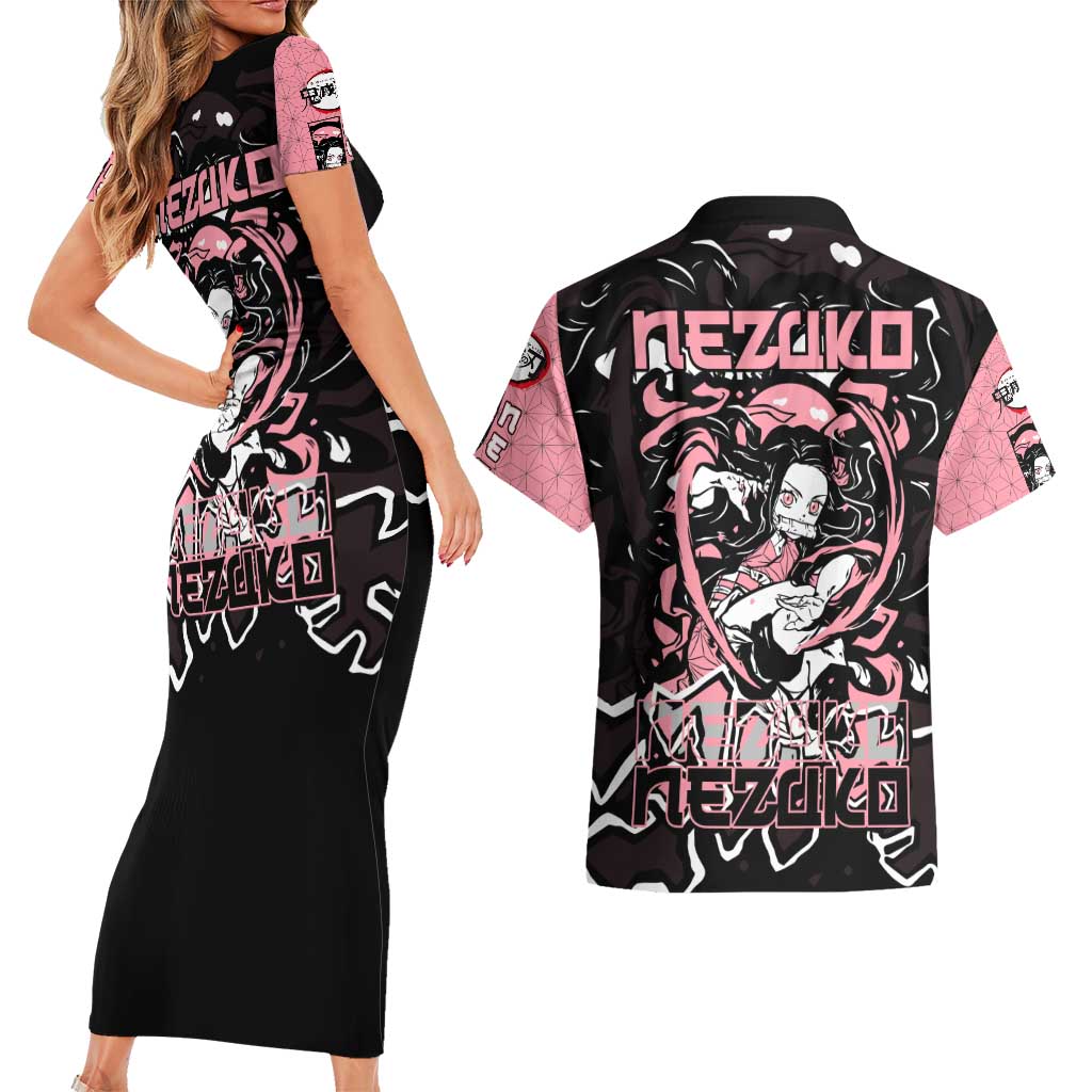 Nezuko Demon Slayer Couples Matching Short Sleeve Bodycon Dress and Hawaiian Shirt with Pink and Black Manga Style Design - The Mazicc