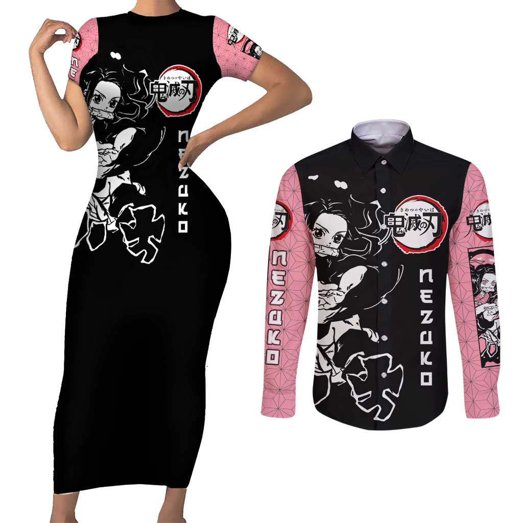 Nezuko Demon Slayer Couples Matching Short Sleeve Bodycon Dress and Long Sleeve Button Shirt with Pink and Black Manga Style Design - The Mazicc