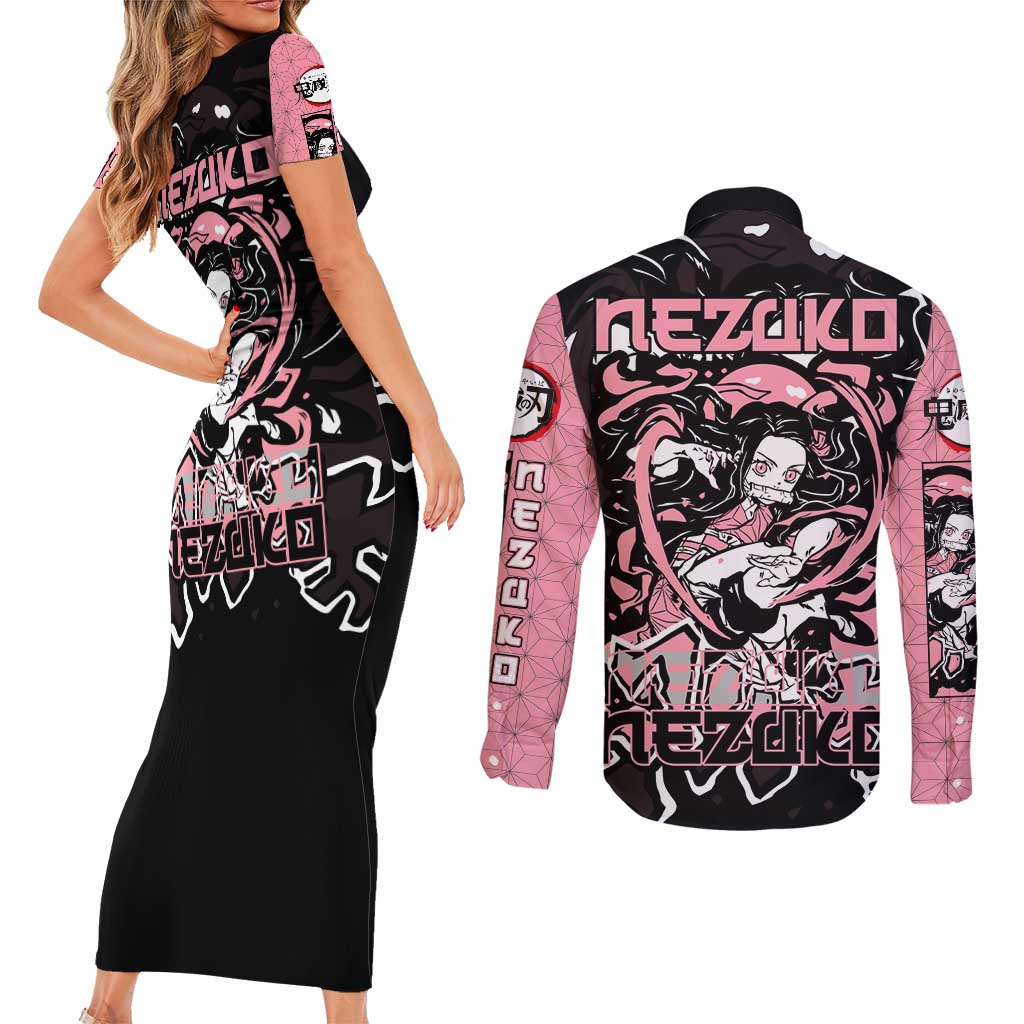 Nezuko Demon Slayer Couples Matching Short Sleeve Bodycon Dress and Long Sleeve Button Shirt with Pink and Black Manga Style Design - The Mazicc