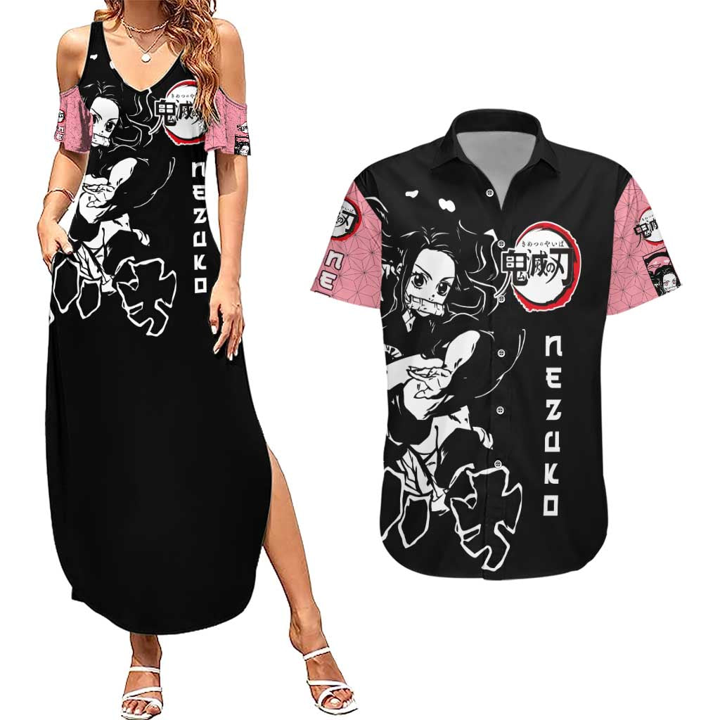 Nezuko Demon Slayer Couples Matching Summer Maxi Dress and Hawaiian Shirt with Pink and Black Manga Style Design - The Mazicc
