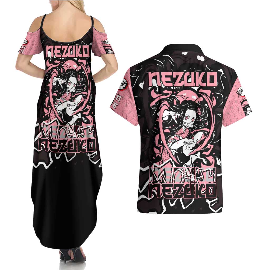 Nezuko Demon Slayer Couples Matching Summer Maxi Dress and Hawaiian Shirt with Pink and Black Manga Style Design - The Mazicc