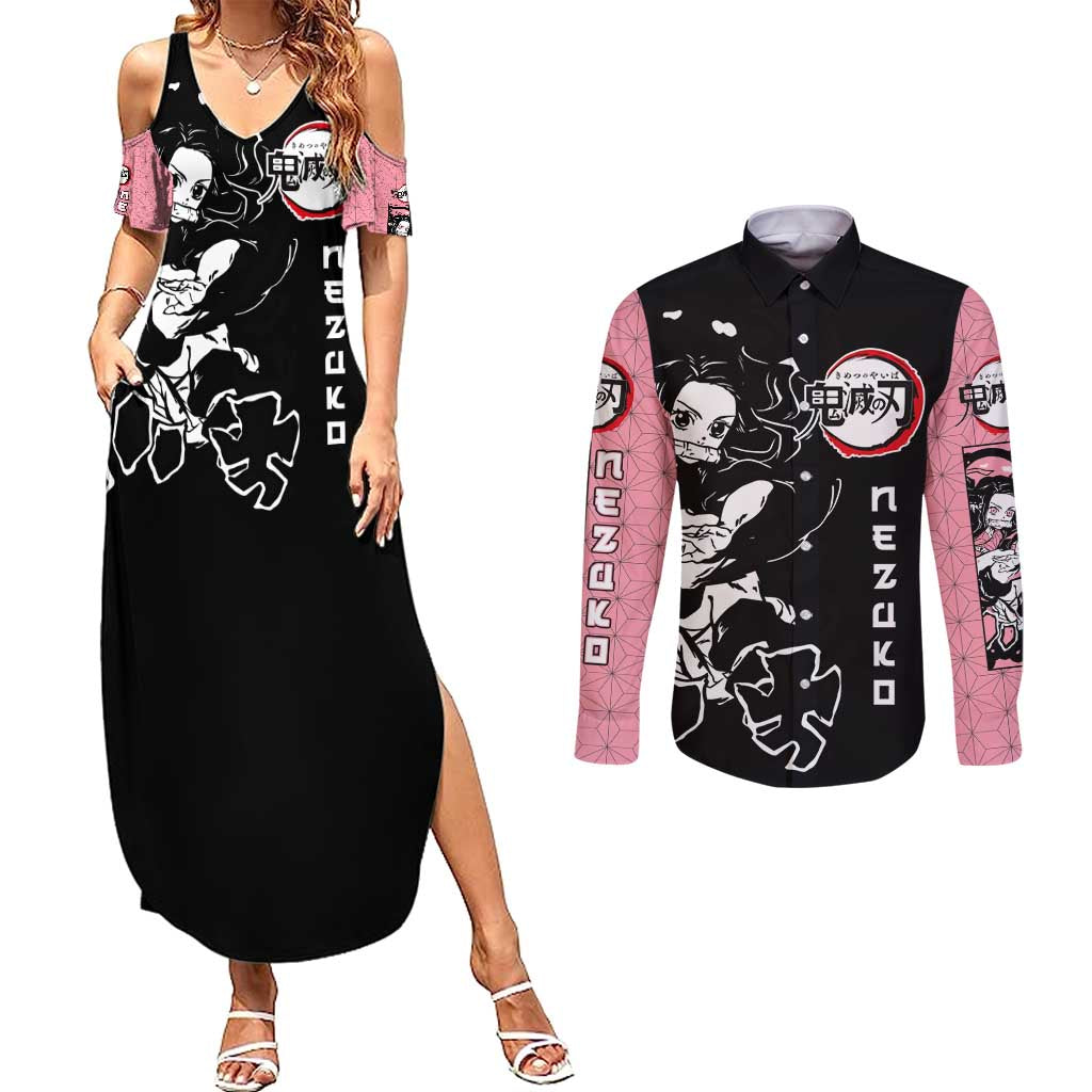 Nezuko Demon Slayer Couples Matching Summer Maxi Dress and Long Sleeve Button Shirt with Pink and Black Manga Style Design - The Mazicc