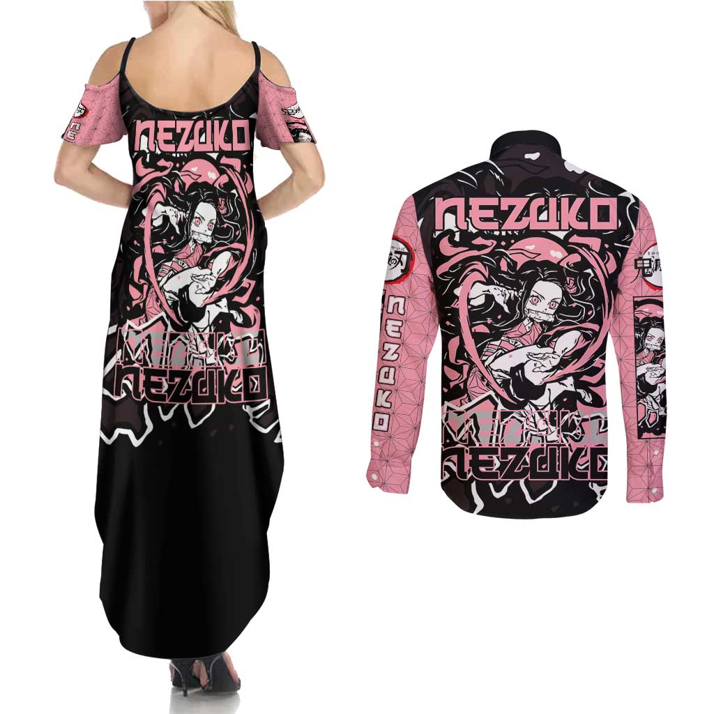Nezuko Demon Slayer Couples Matching Summer Maxi Dress and Long Sleeve Button Shirt with Pink and Black Manga Style Design - The Mazicc