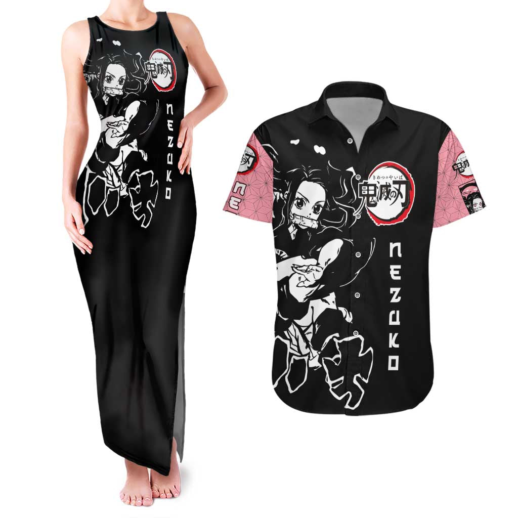 Nezuko Demon Slayer Couples Matching Tank Maxi Dress and Hawaiian Shirt with Pink and Black Manga Style Design - The Mazicc