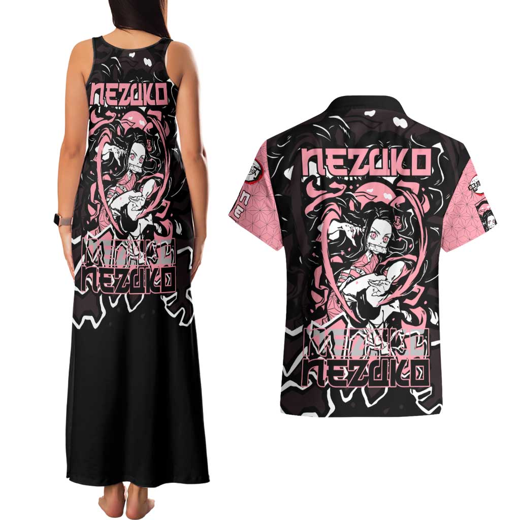Nezuko Demon Slayer Couples Matching Tank Maxi Dress and Hawaiian Shirt with Pink and Black Manga Style Design - The Mazicc