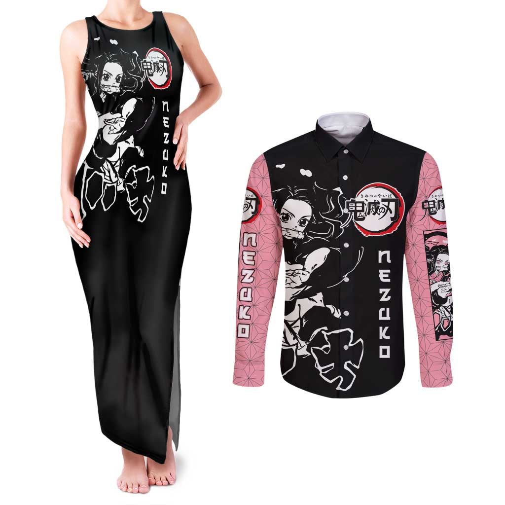 Nezuko Demon Slayer Couples Matching Tank Maxi Dress and Long Sleeve Button Shirt with Pink and Black Manga Style Design - The Mazicc