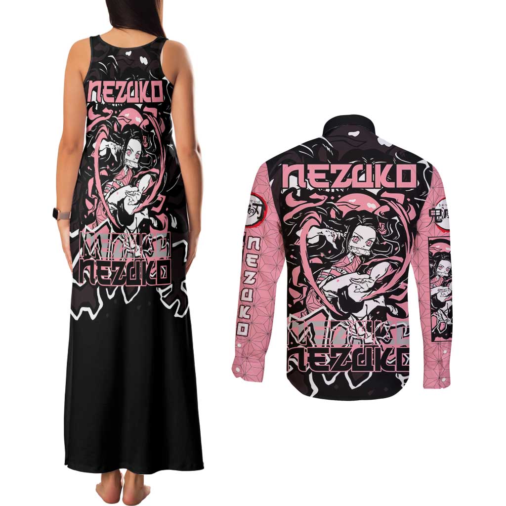 Nezuko Demon Slayer Couples Matching Tank Maxi Dress and Long Sleeve Button Shirt with Pink and Black Manga Style Design - The Mazicc